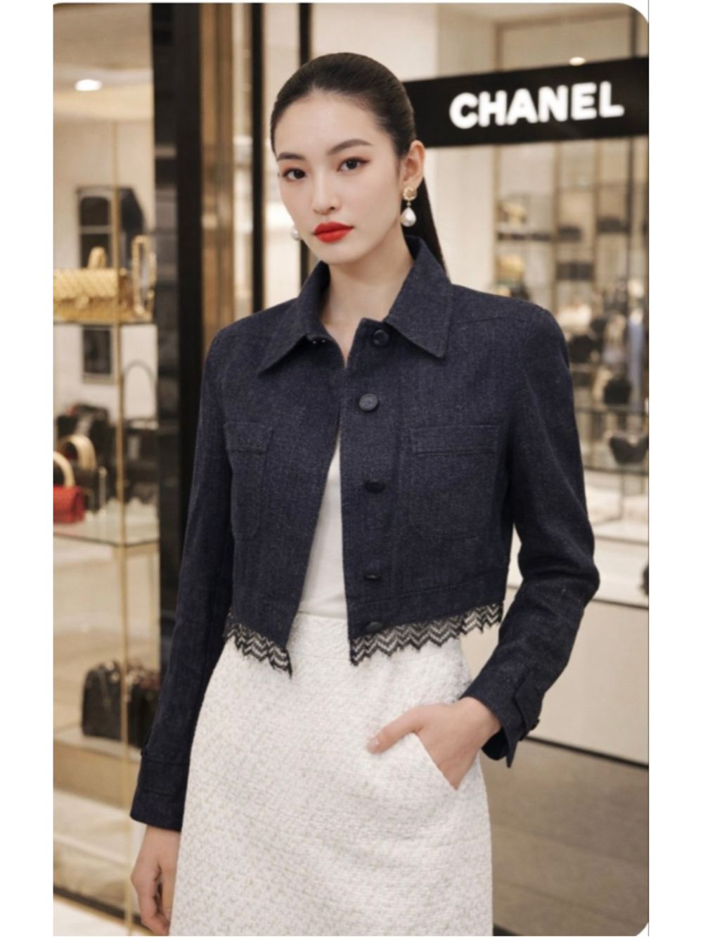 CHANEL Navy Denim Cropped Linen Jacket Lace Trim Size 6US Vintage French Luxury